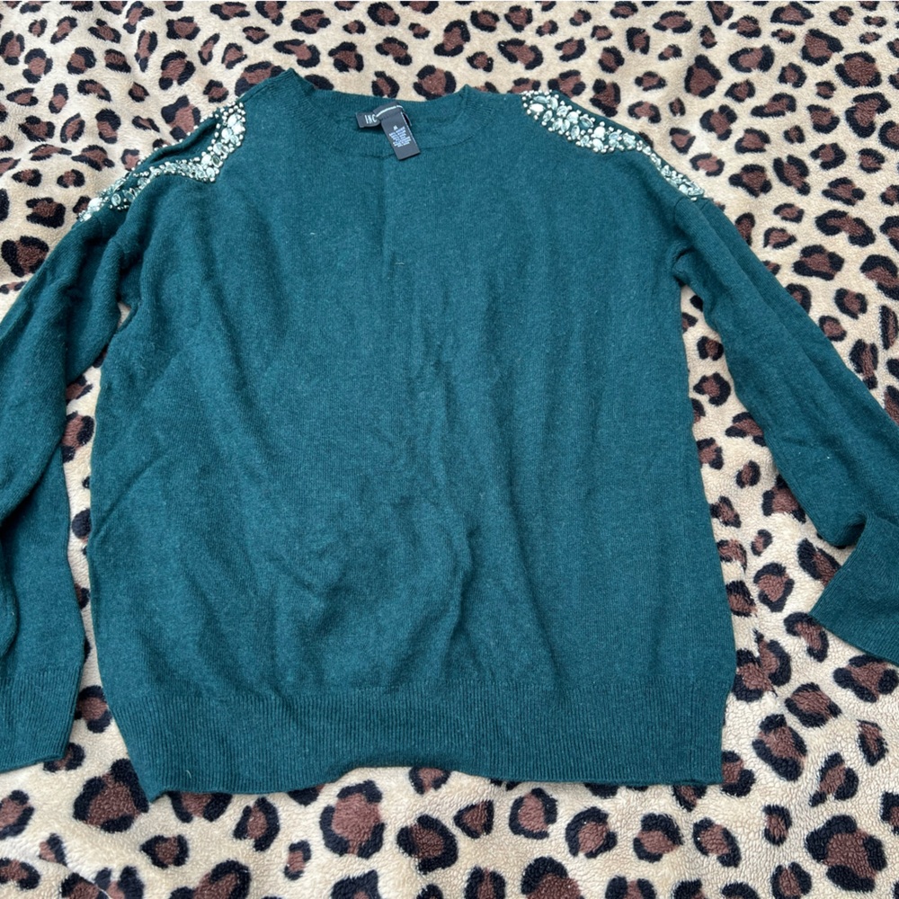 I.N.C. Women’s Cold Shoulder Dark Green Sweater with Rhinestone Accents